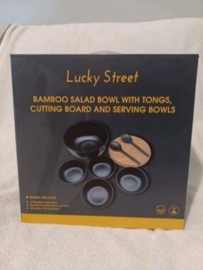 Lucky street bamboo salad bowl with Tongs , Cutting Board & 4 serving Bowls set